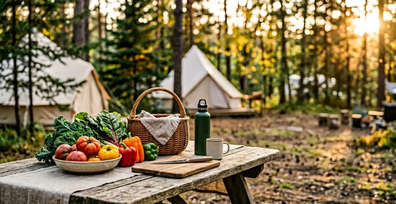 Scène de vacances en camping avec produits bio frais et marché local