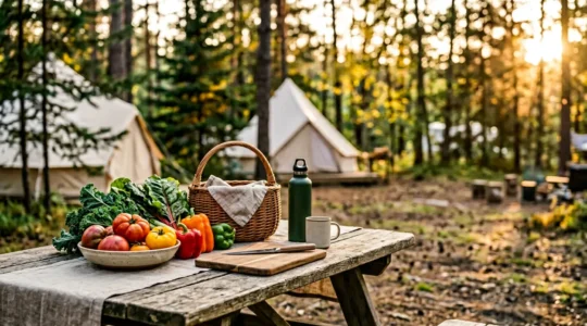 Scène de vacances en camping avec produits bio frais et marché local