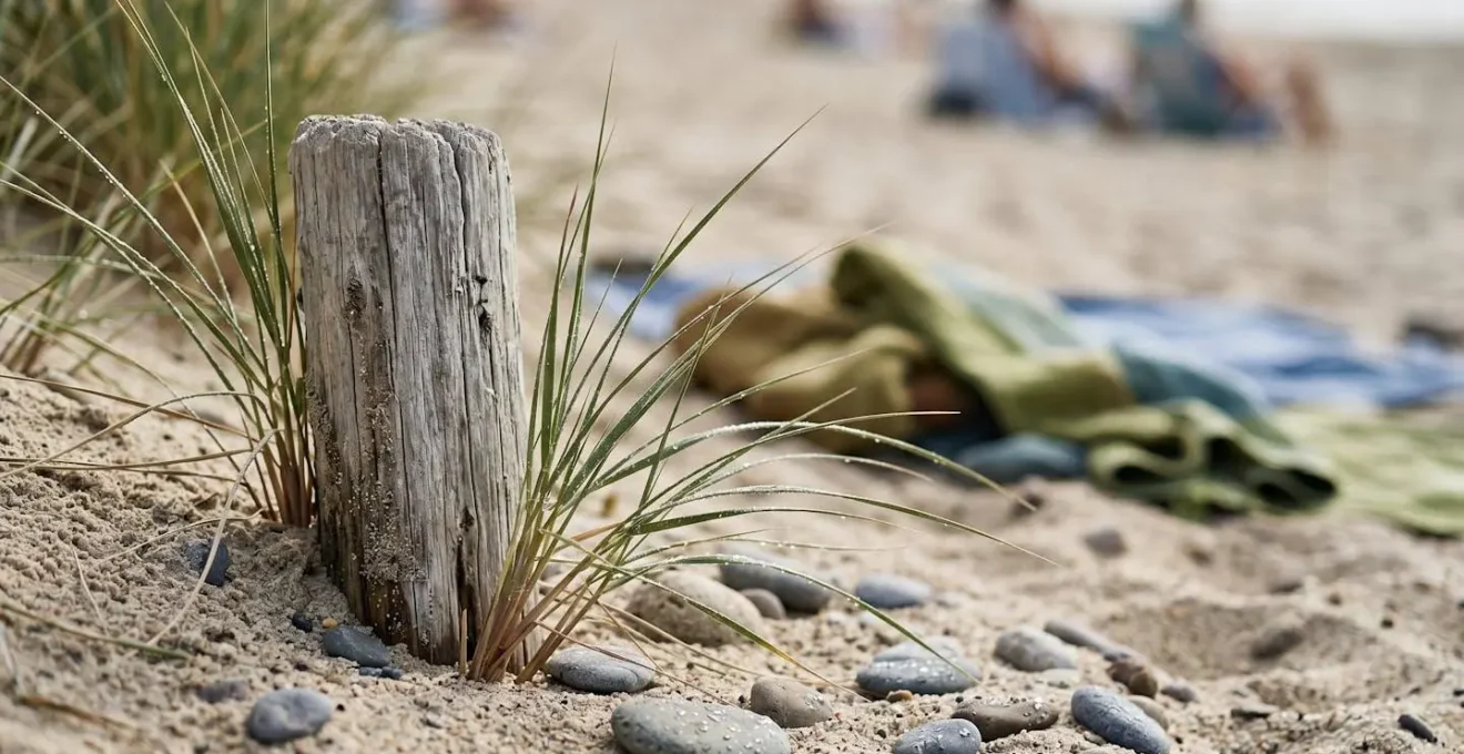Gros plan texturé sur une transition naturelle entre deux zones de plage avec rochers, végétation dunaire et marqueurs environnementaux subtils