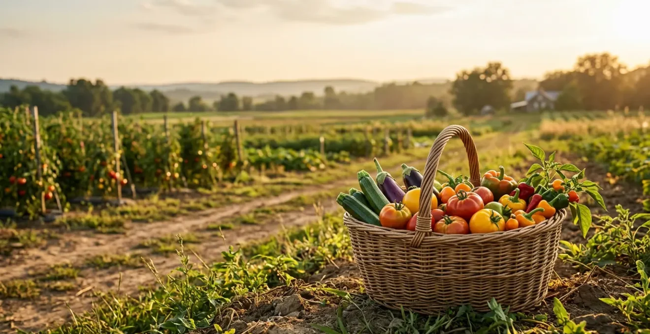 Panier en osier rempli de légumes fraîchement récoltés dans un environnement naturel estival