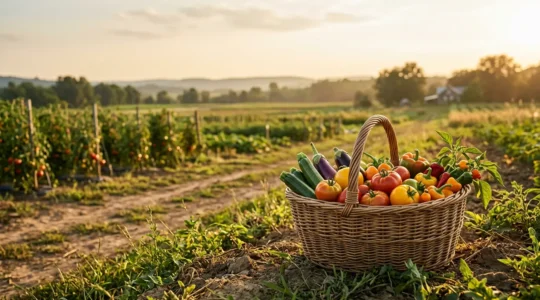 Panier en osier rempli de légumes fraîchement récoltés dans un environnement naturel estival
