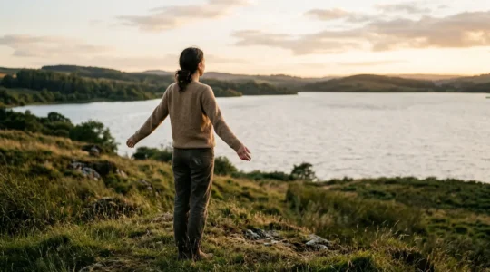 Personne debout dans un environnement naturel ouvert, silhouette en harmonie avec l'espace, exprimant la réconciliation avec son corps après une transformation