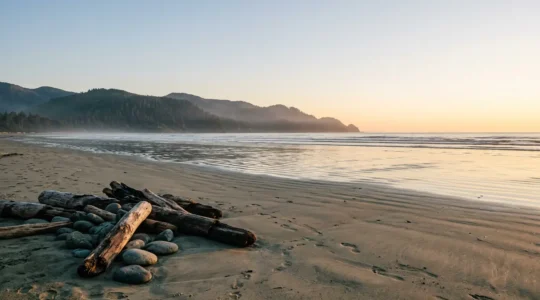 Scène contemplative minimaliste d'un environnement naturel préservé invitant à la réflexion sur le mode de vie naturiste