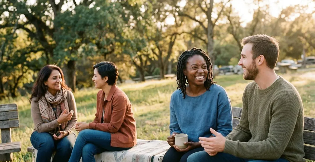 Groupe de personnes de tous âges dans un environnement naturel ensoleillé, conversant de manière détendue, avec focus sur les visages souriants et les interactions authentiques
