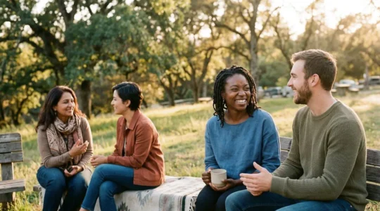 Groupe de personnes de tous âges dans un environnement naturel ensoleillé, conversant de manière détendue, avec focus sur les visages souriants et les interactions authentiques