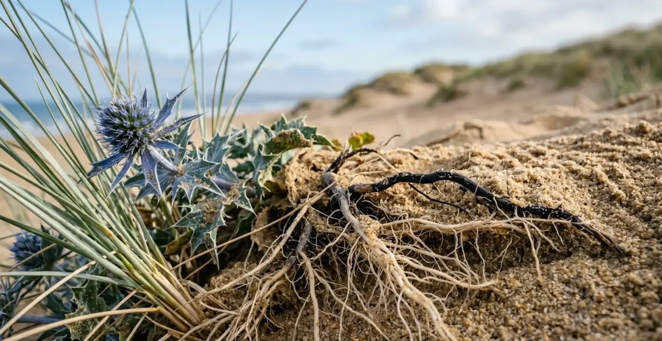 Gros plan sur l'oyat et le panicaut maritime poussant dans le sable dunaire, montrant leurs racines profondes qui stabilisent la dune