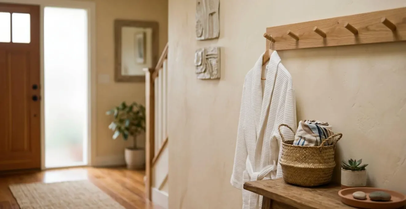 Entrée de maison minimaliste avec peignoir suspendu à un crochet près de la porte symbolisant la préparation et la réactivité