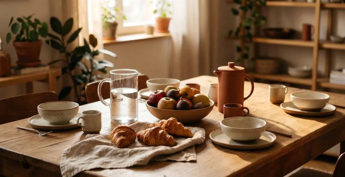 Table de petit-déjeuner rustique en bois avec produits naturels et lumière matinale douce