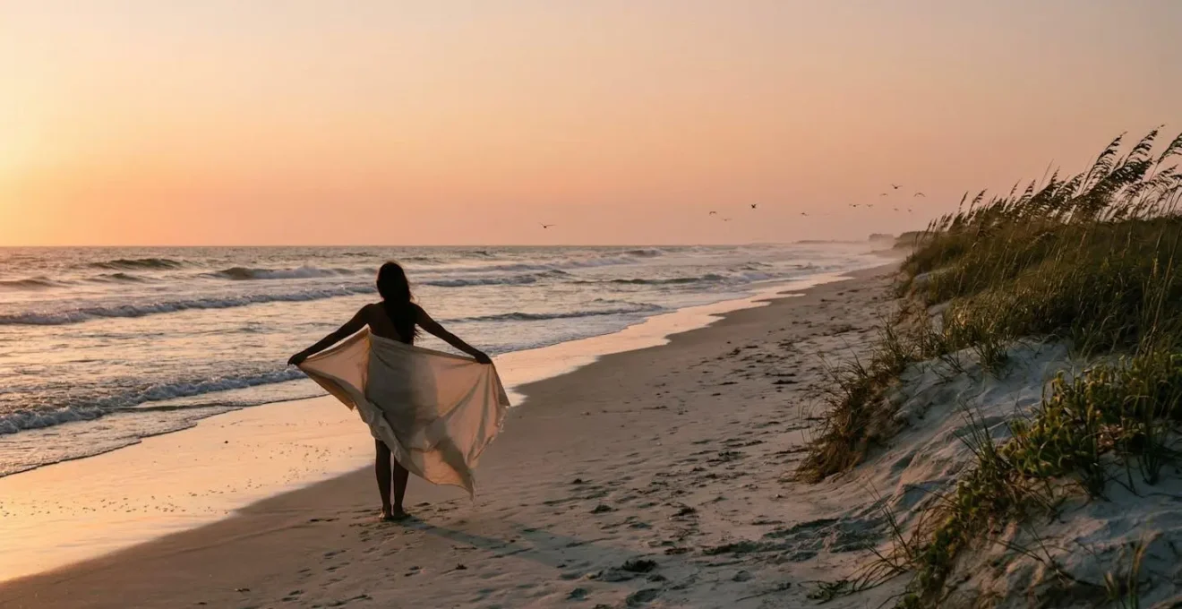 Vue contemplative d'une personne en communion avec la nature au coucher du soleil, exprimant la sérénité et l'acceptation de soi