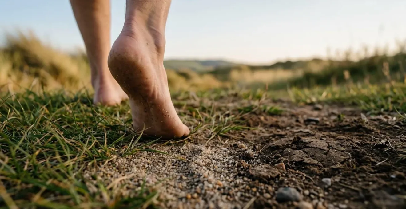 Vue immersive de pieds nus en contact avec différentes textures naturelles du sol