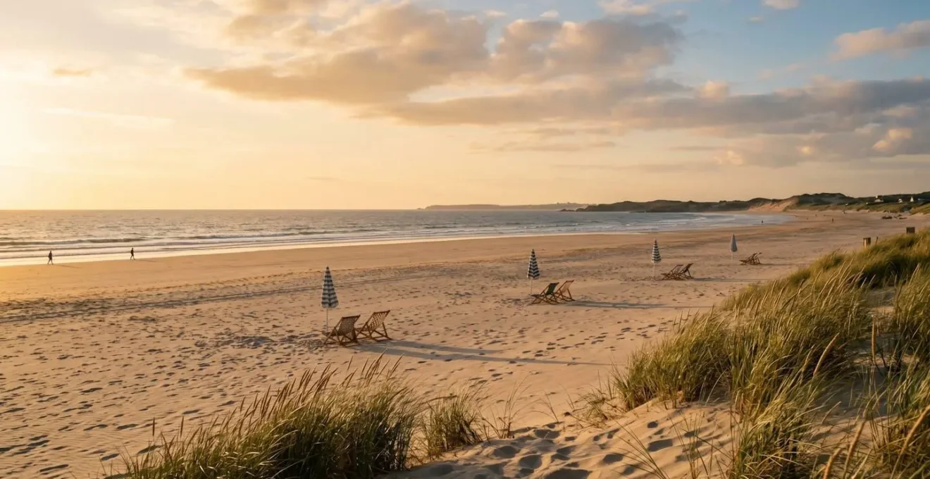 Plage en dehors des heures d'affluence avec lumière douce et espace disponible, illustrant la stratégie du décalage horaire