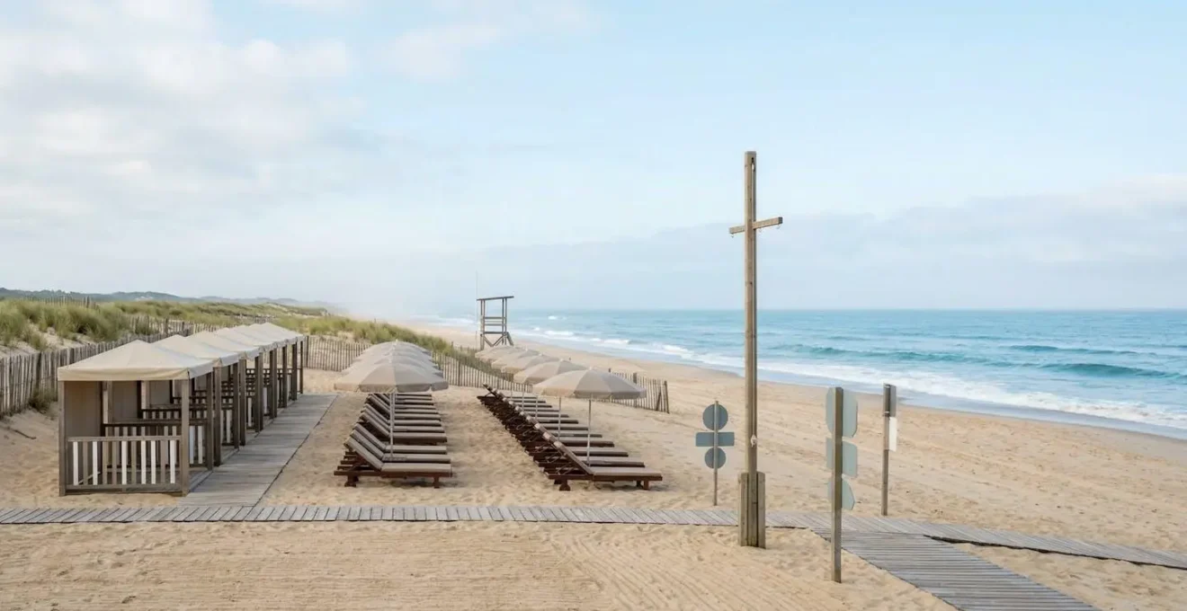 Plage aménagée avec infrastructures de confort et zone de surveillance pour découvrir le naturisme en toute sécurité