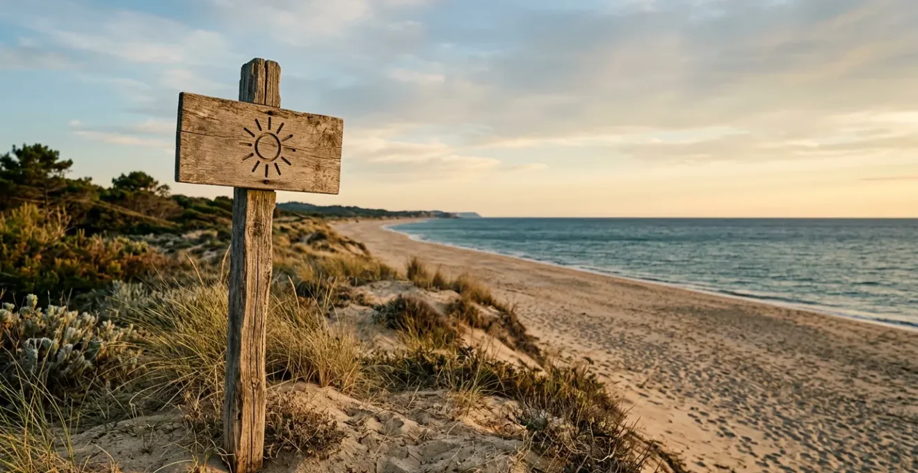 Panneau de signalisation d'une plage naturiste officielle en France avec dunes naturelles et bord de mer méditerranéen