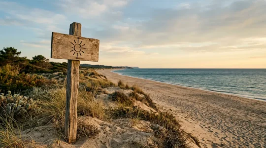Panneau de signalisation d'une plage naturiste officielle en France avec dunes naturelles et bord de mer méditerranéen