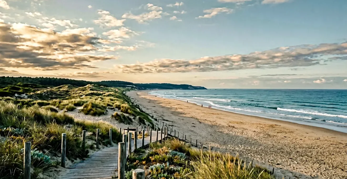 Vue paisible d'une plage naturiste française avec dunes sauvages, végétation littorale et océan sous un ciel lumineux, incarnant sécurité et tranquillité