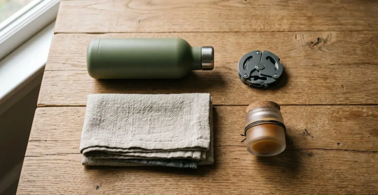 Objets de voyage compacts et polyvalents disposés avec soin sur une surface naturelle