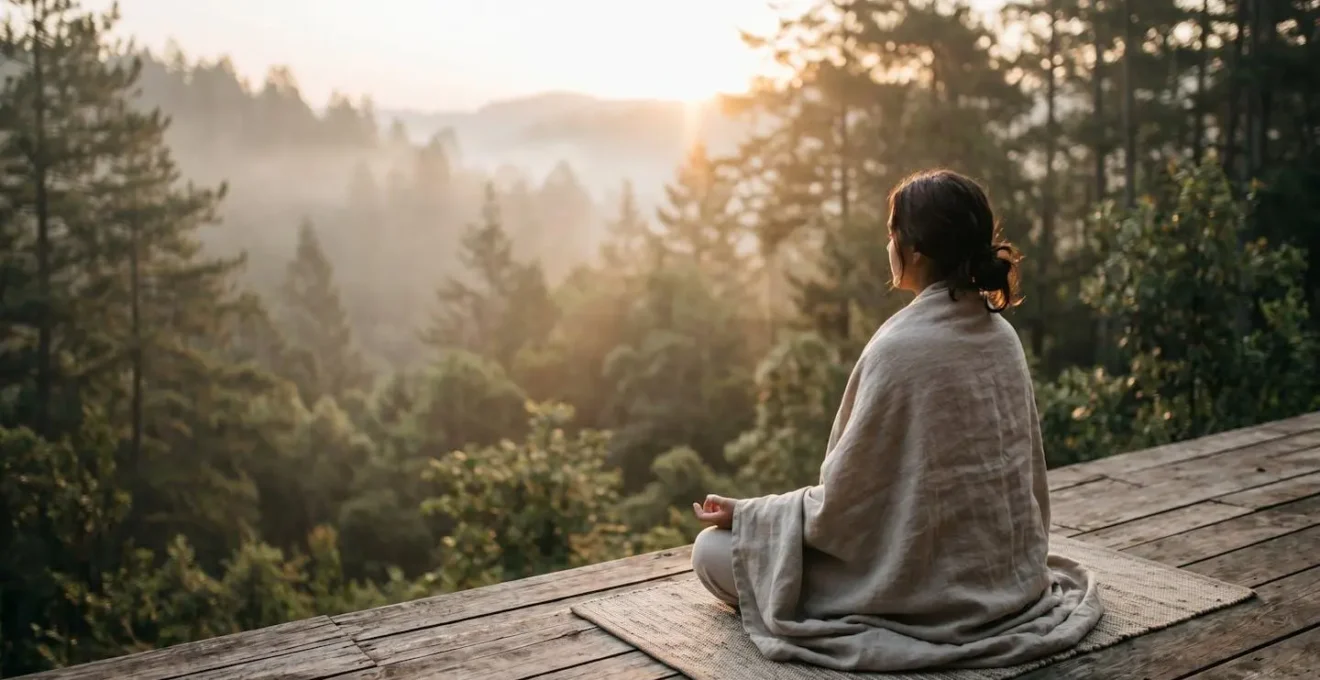 Personne méditant face à un paysage naturel apaisant au lever du soleil