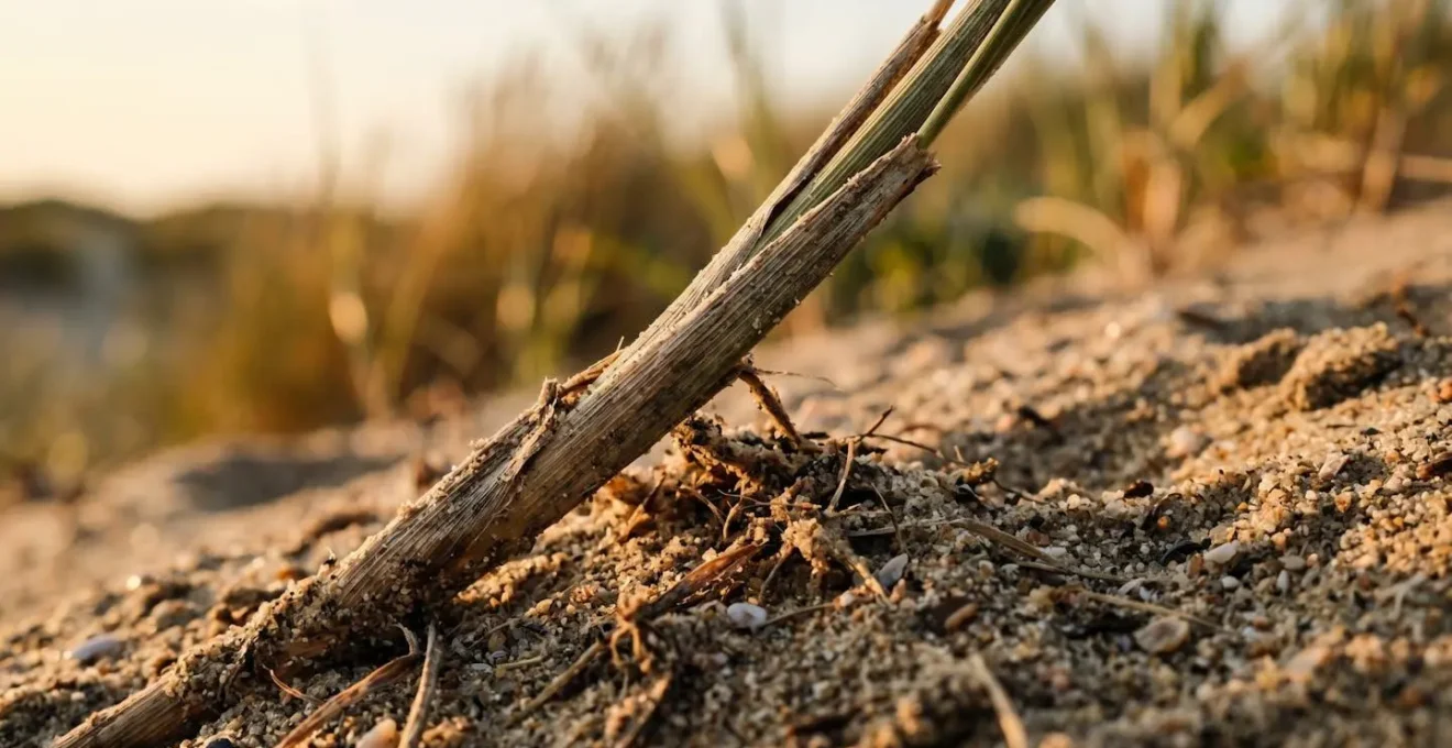 Gros plan macro sur vegetation dunaire protegee avec graminee sauvage et texture sableuse