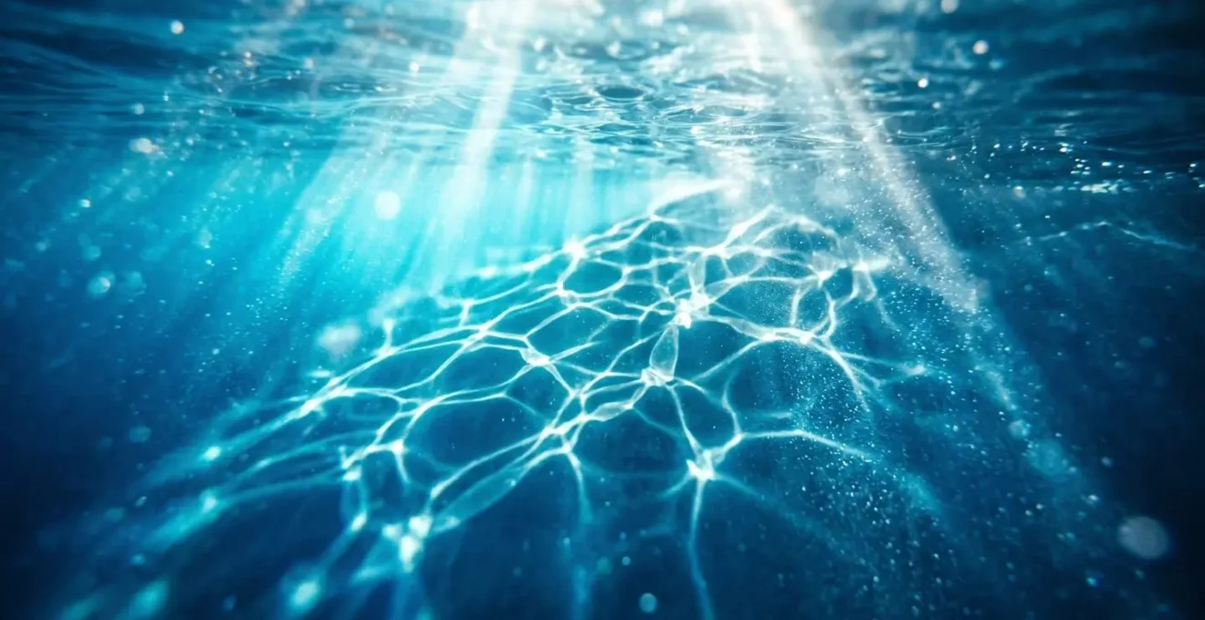 Rayons de soleil pénétrant dans l'eau cristalline vue depuis la surface, créant des motifs lumineux ondulants