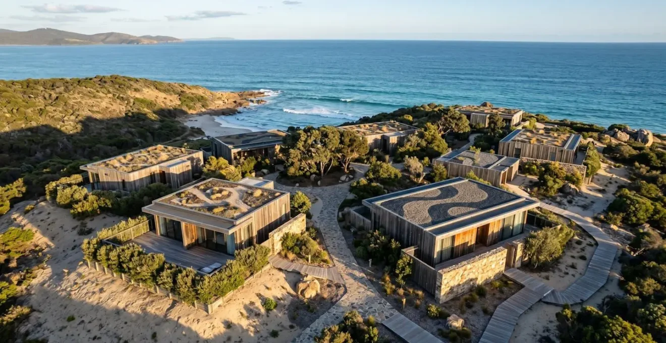 Vue aérienne conceptuelle montrant l'orientation et l'agencement architectural d'une suite premium avec terrasse privée