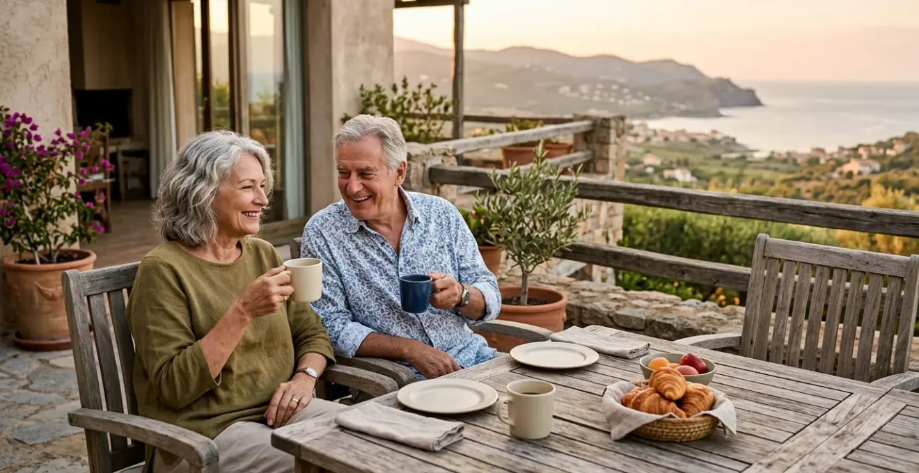 Couple de retraités profitant d'une terrasse privée spacieuse avec vue dégagée dans une résidence locative de vacances