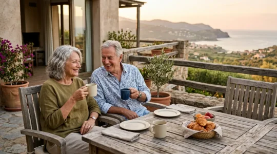 Couple de retraités profitant d'une terrasse privée spacieuse avec vue dégagée dans une résidence locative de vacances