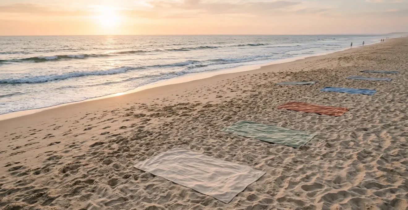 Espace personnel sur une plage naturiste avec serviettes délimitant les zones de courtoisie