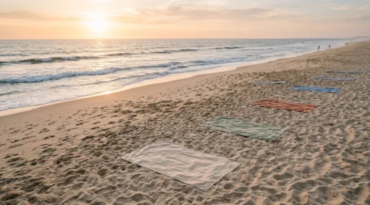 Espace personnel sur une plage naturiste avec serviettes délimitant les zones de courtoisie