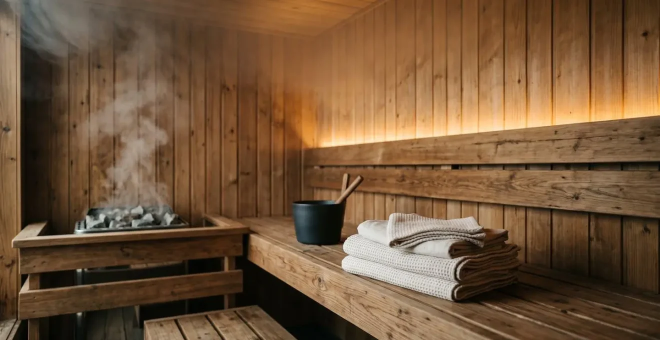 Ambiance contemplative d'un rituel de sauna avec vapeurs et serviettes, sans visages identifiables