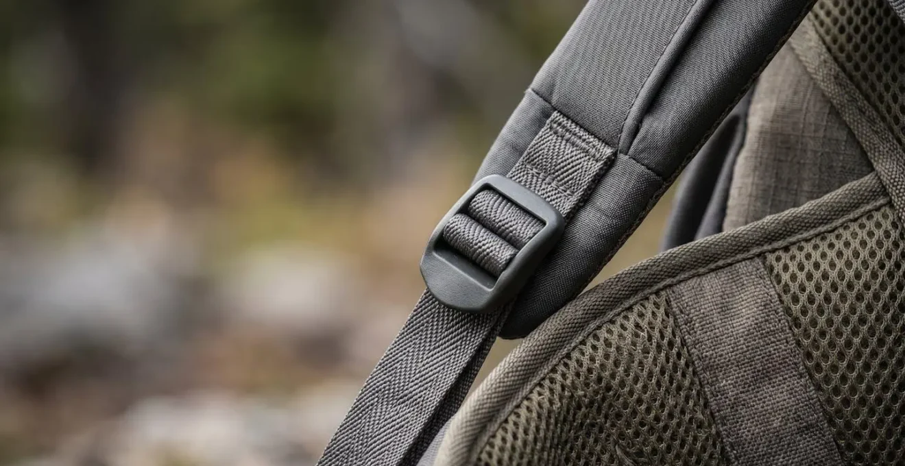 Gros plan sur les bretelles et le système de portage d'un sac de randonnée montrant les surfaces de contact avec la peau