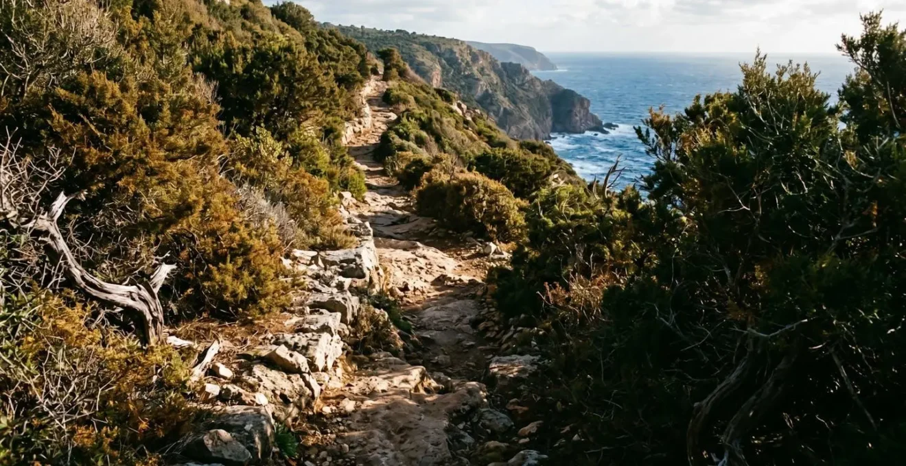 Sentier escarpé de randonnée côtière serpentant entre rochers et végétation méditerranéenne