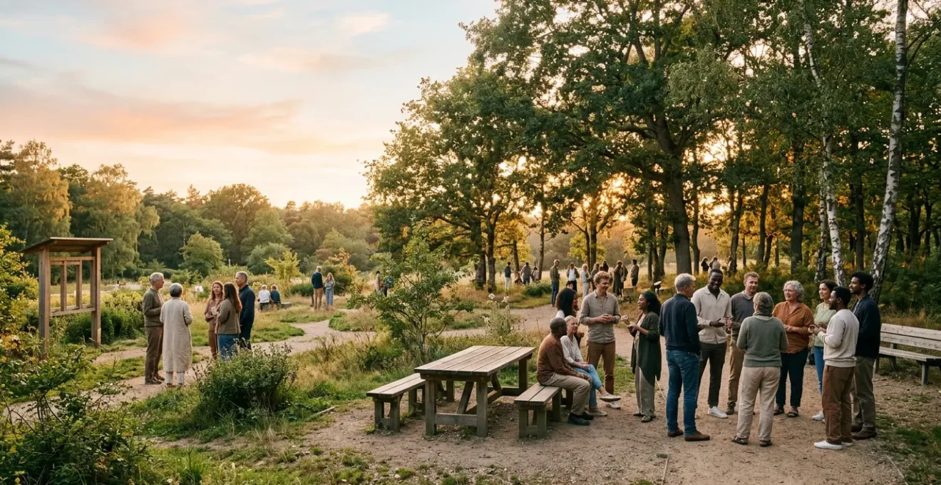 Scène d'activité collective en extérieur montrant l'interaction naturelle entre personnes dans un environnement détendu et convivial
