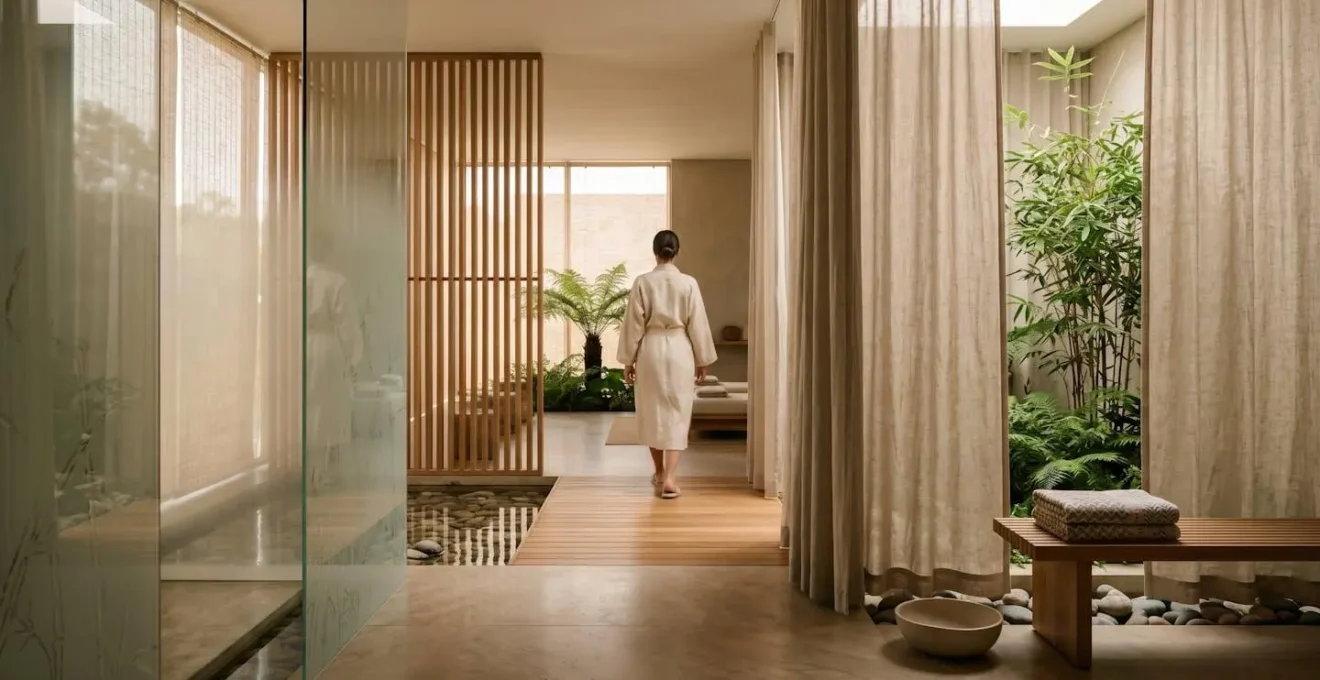 Espace spa naturiste avec zones de transition architecturales garantissant intimité et confort