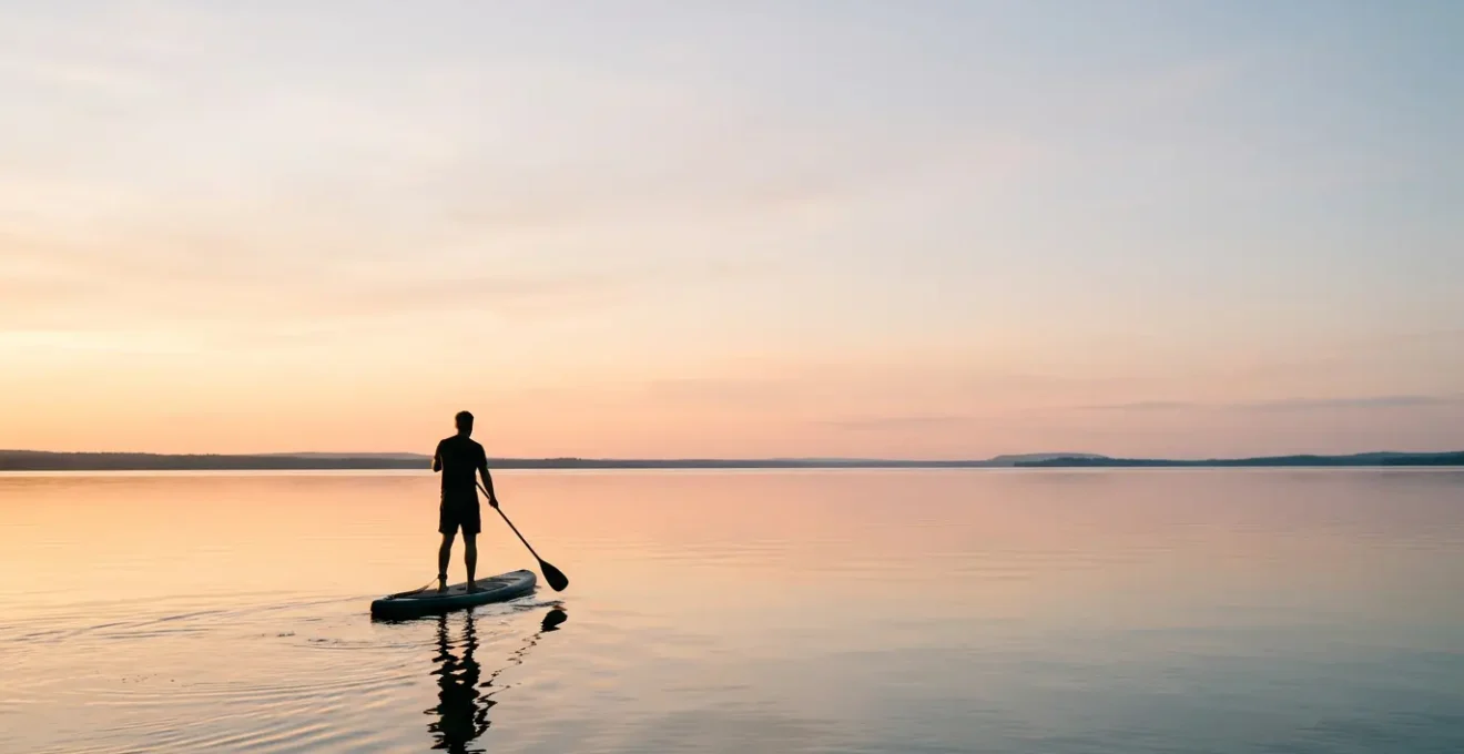 Pratiquant de stand-up paddle sur une eau calme au lever du soleil, vue grand angle avec espace négatif et horizon dégagé