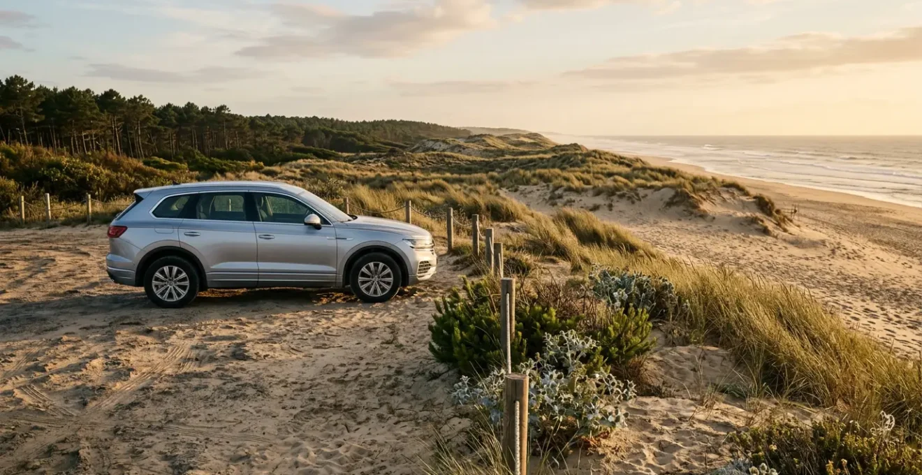 Véhicule SUV de location stationné à l'orée d'une plage sauvage de l'Atlantique avec accès dunaire