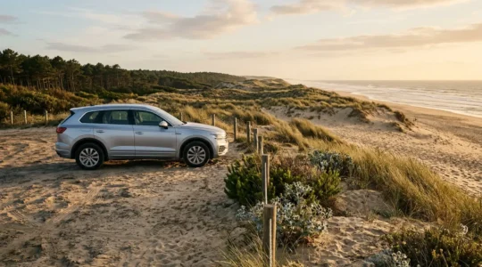 Véhicule SUV de location stationné à l'orée d'une plage sauvage de l'Atlantique avec accès dunaire