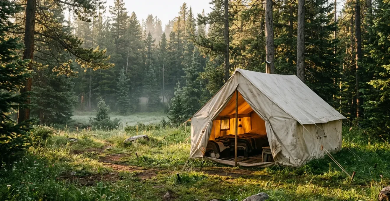 Vue immersive d'un campement de tente dans un environnement naturel préservé, évoquant l'autonomie et la connexion à la nature