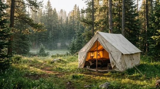 Vue immersive d'un campement de tente dans un environnement naturel préservé, évoquant l'autonomie et la connexion à la nature