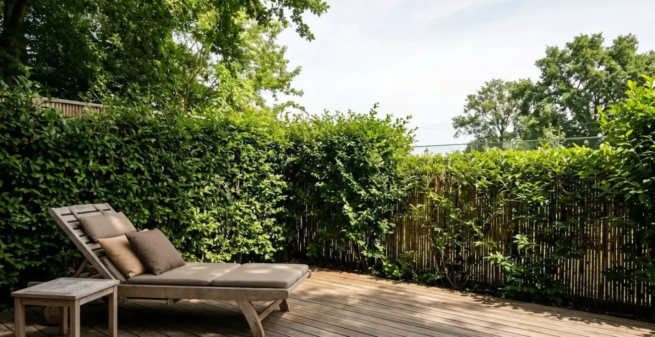 Terrasse privée sécurisée avec haie végétale dense et absence totale de vis-à-vis pour location naturiste