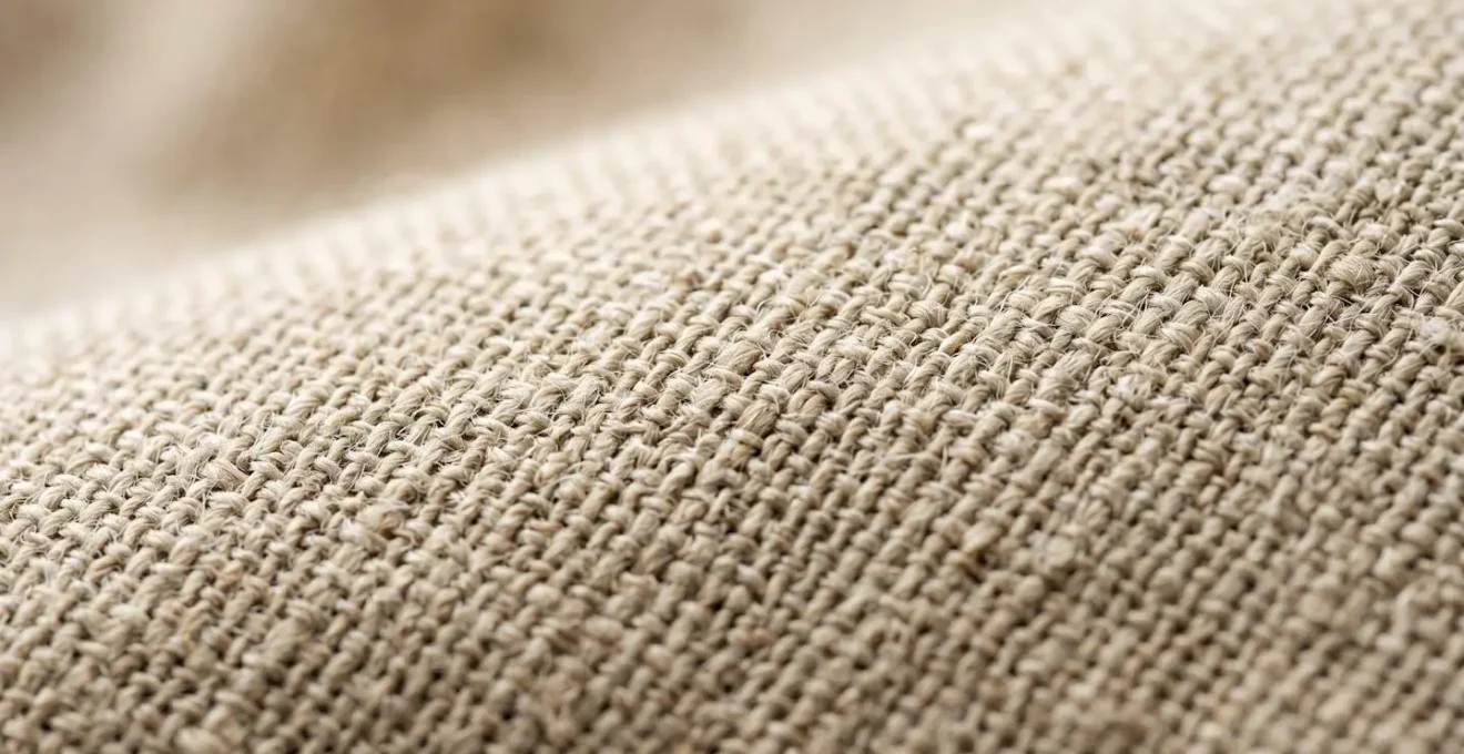 Gros plan sur textile en lin naturel plié avec texture visible symbolisant l'hygiène et la qualité des matières pour le naturisme