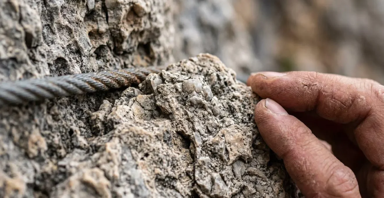 Gros plan sur la texture rugueuse d'une paroi rocheuse de via ferrata