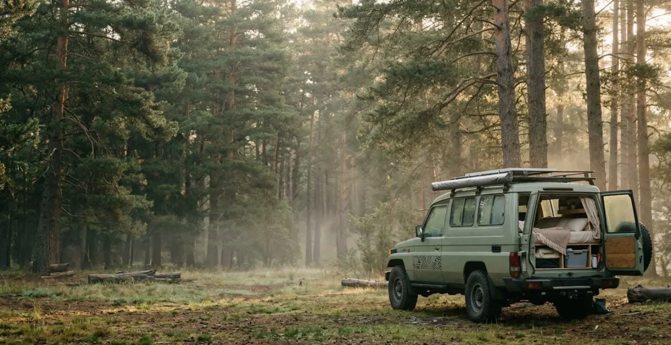 Vue large d'un véhicule aménagé garé dans un cadre naturel paisible au lever du soleil, évoquant la liberté du voyage naturiste