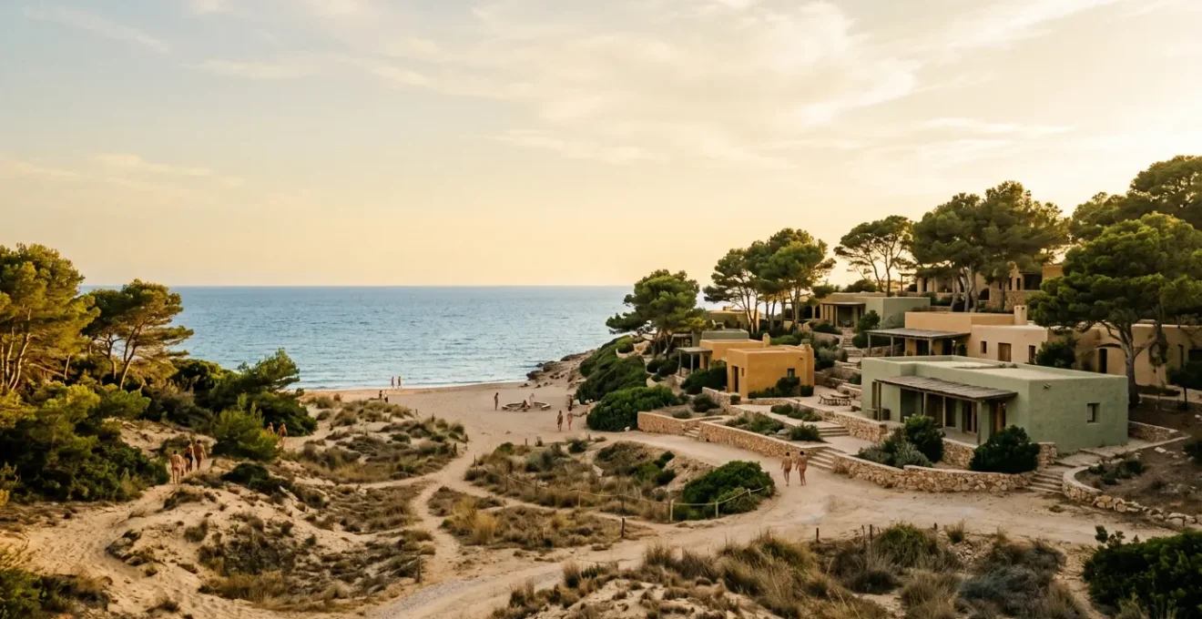 Atmosphère sereine d'un village naturiste en harmonie avec la nature