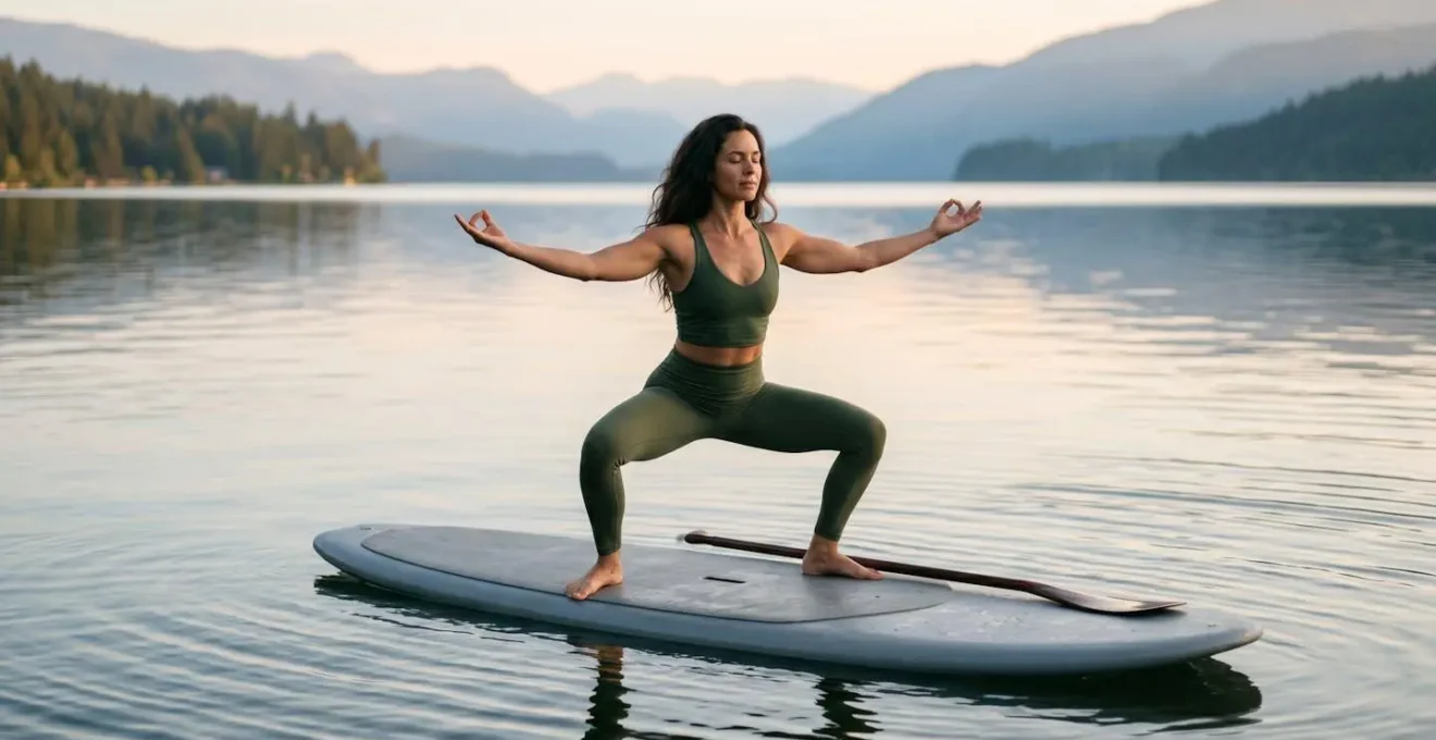 Pratiquante de yoga en posture d'équilibre sur paddle, plan moyen avec eau calme en arrière-plan