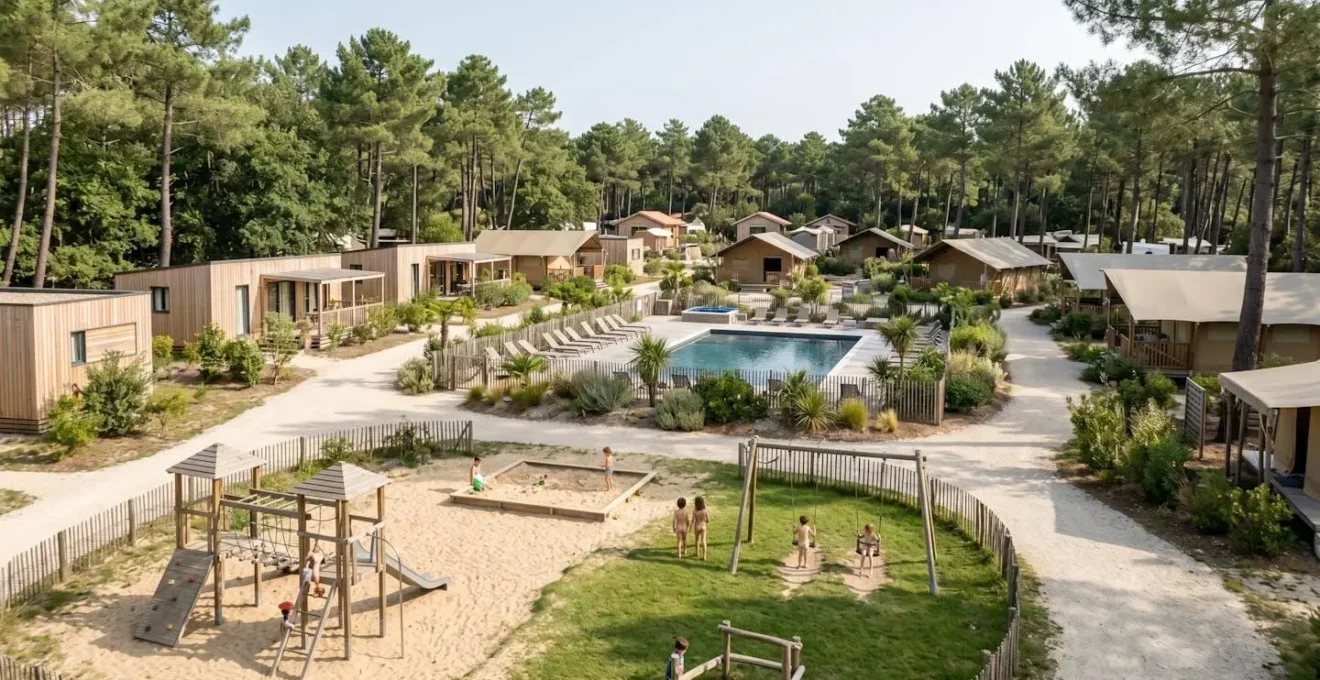 Aire de jeux pour enfants dans un centre naturiste avec équipements adaptés et environnement sécurisé