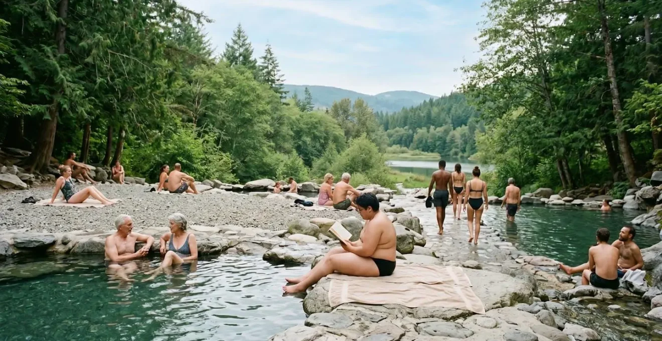 Vue d'ensemble d'un environnement naturiste montrant la diversité des corps de différentes morphologies, âges et formes, dans un espace naturel ouvert et bienveillant
