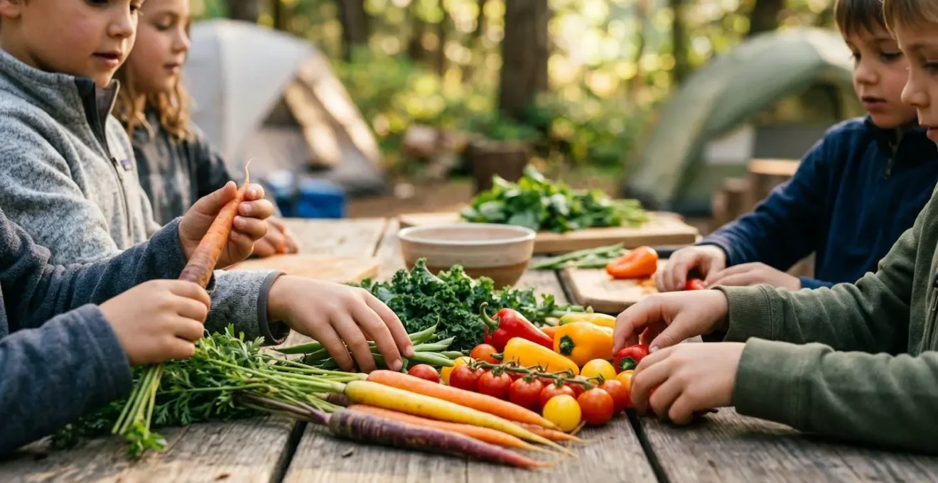 Enfants participant à une activité ludique avec des légumes colorés en camping
